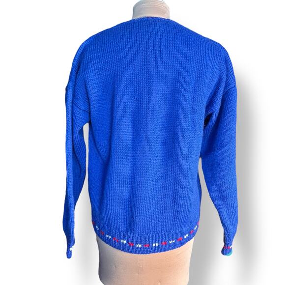 Vintage 90s Allen Solly Wool Christmas Sweater Tree Gifts Santa Hat Blue Large - Picture 7 of 15